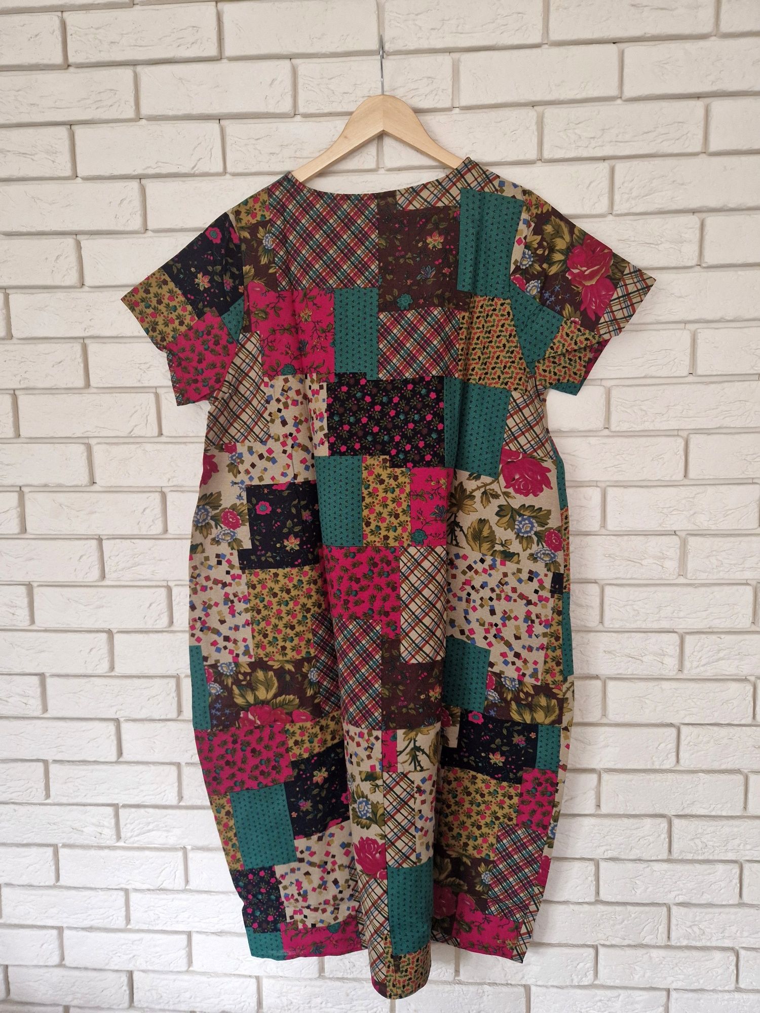 Lniana sukienka patchworkowa z kieszeniami 42 XL 100% len plus size