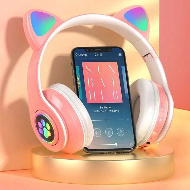 Słuchawki bezprzewodowe bluetooth kocie uszy led kolor: RÓŻOWE NOWE