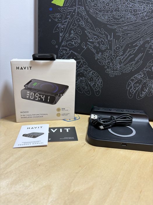 Бездротова зарядка/беспроводная зарядка з годинником та будильн