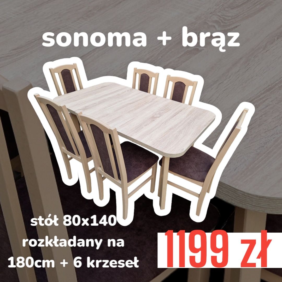 Od ręki: Stół 80x140/180 + 6 krzeseł, SONOMA + BRĄZ, dostawa PL, NOWE