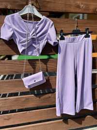 Komplet dla dziewczynki spodnie top i torebka liliowy 134-140