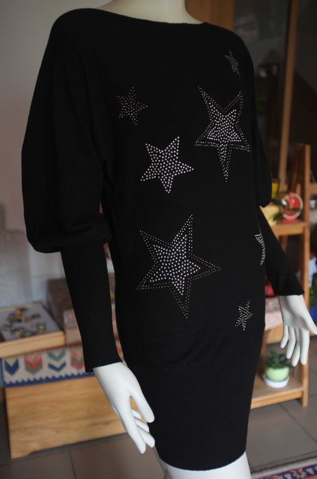 czarna wełniana sukienka sweter tunika wełna merino kaszmir motyl