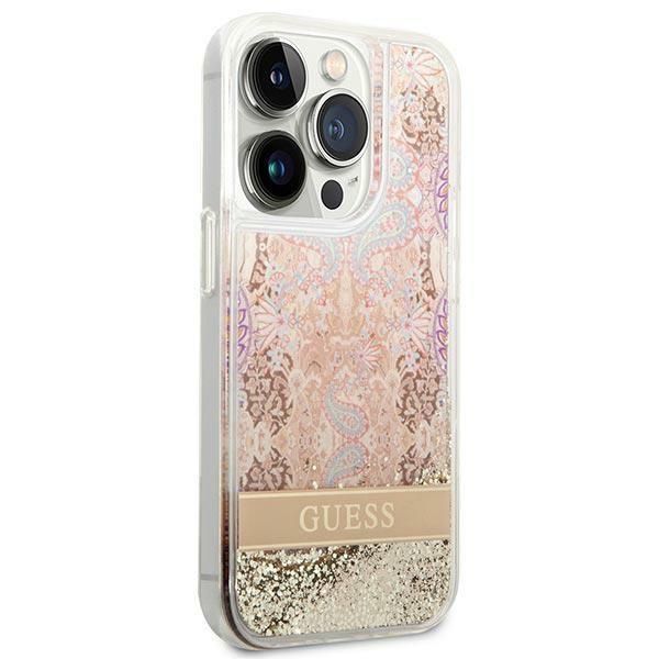 Pokrowiec na iPhone 14 Pro Max, Złoty Paisley Liquid Glitter
