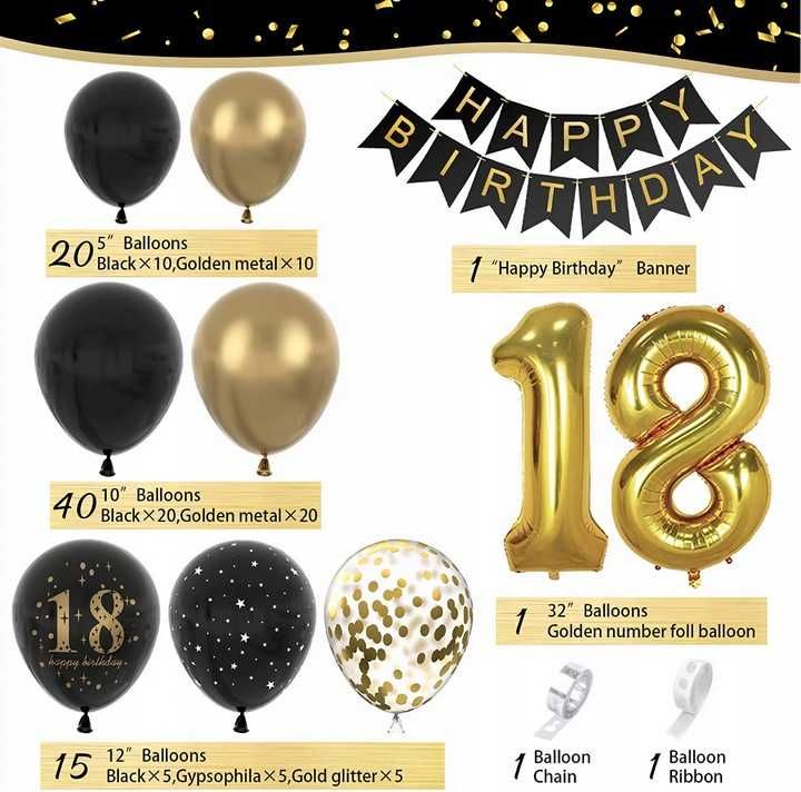 Zestaw Balonów Dekoracji Balony NA 18 URODZINY Girlanda Czarno-Złota