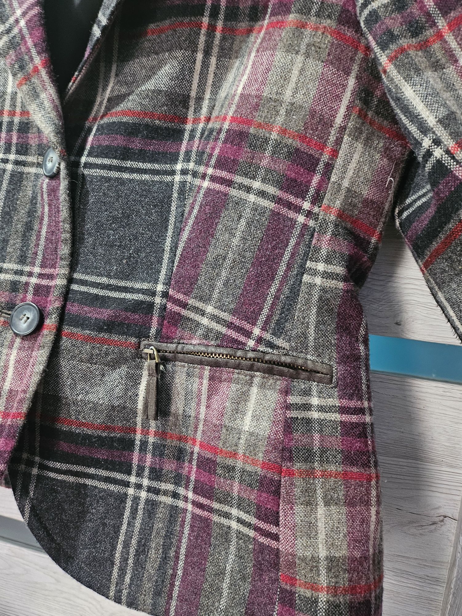 Marynarka/Żakiet Vintage, Retro, brązowa,w czerwono jasną kratę,wełna