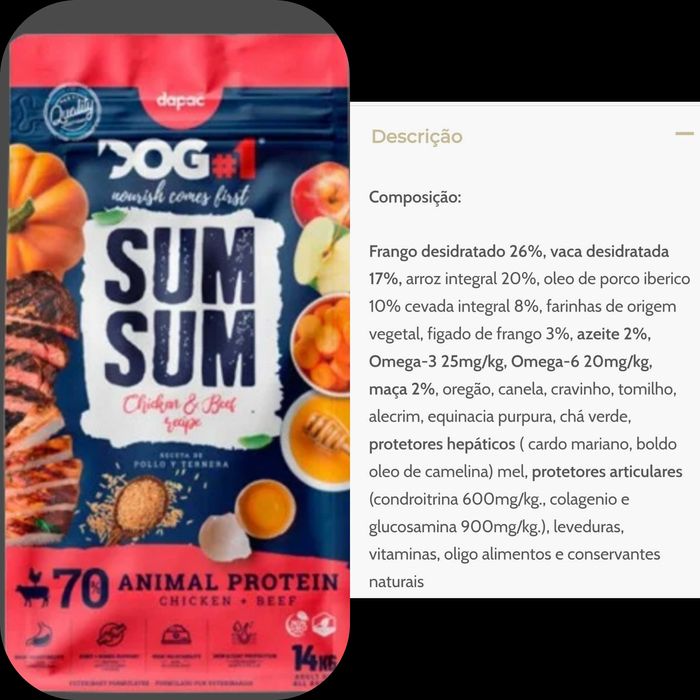 Ração sum sum. 70% proteína. 35€ saco grande