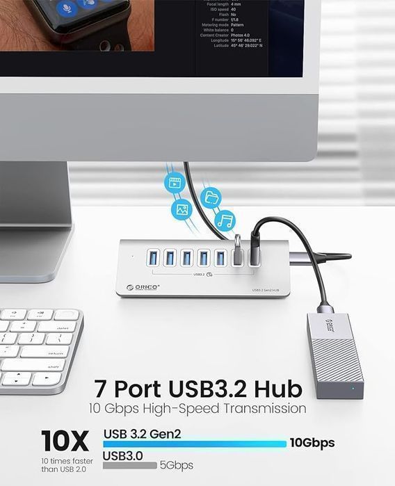 Orico, 7-Portowy Rozdzielacz Usb Z Szybkim Transferem Danych 10 Gb