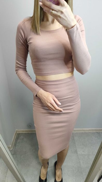 Komplet set crop top i spódnica ołówkowa kremowa nude beż S 36 M 38