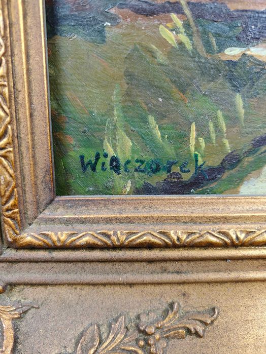 Obraz olejny pejzaż z jeziorem i chmurami Wieczorek olej na dykcie