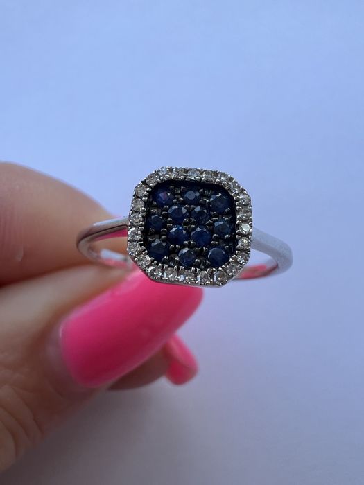 Золотое кольцо с бриллиантами и сапфирами р.17 белое золото 585 проба