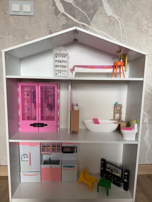 Domek dla lalek BARBIE + pełno akcesoriów.  Regał dziecięcy drewniany.