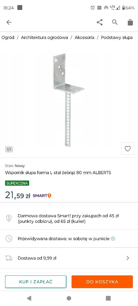 Wspornik słupa forma L stal żebrąz 80 mm ALBERTS