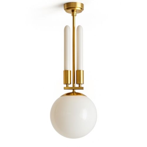 Elegancka lampa sufitowa – Bauhaus, biały klosz, mosiądz
