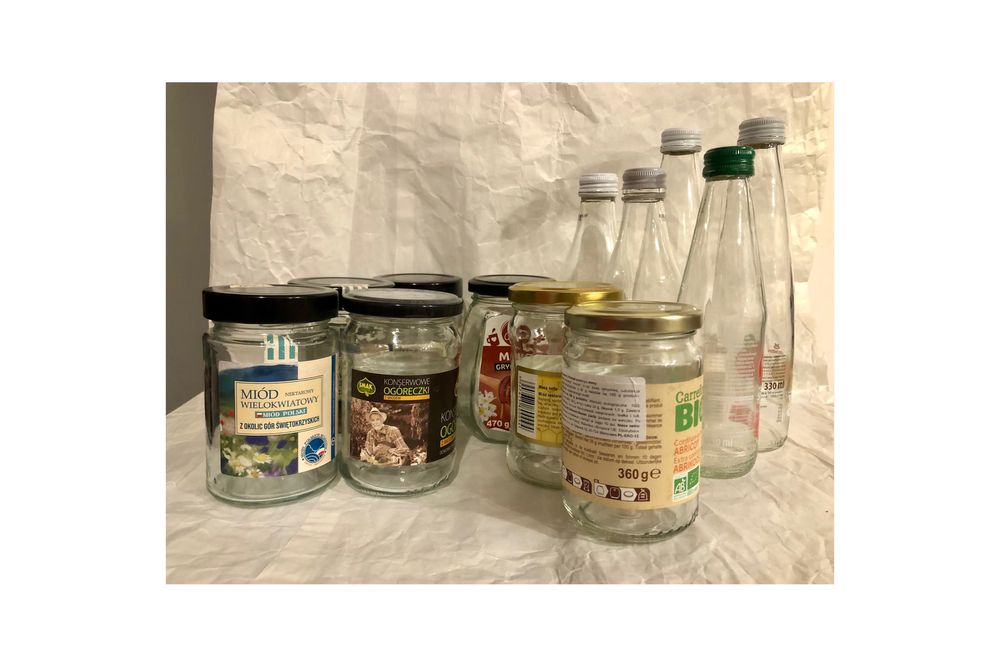 Słoiki 350 ml i butelki szklane 250–330 ml – komplet 13 szt