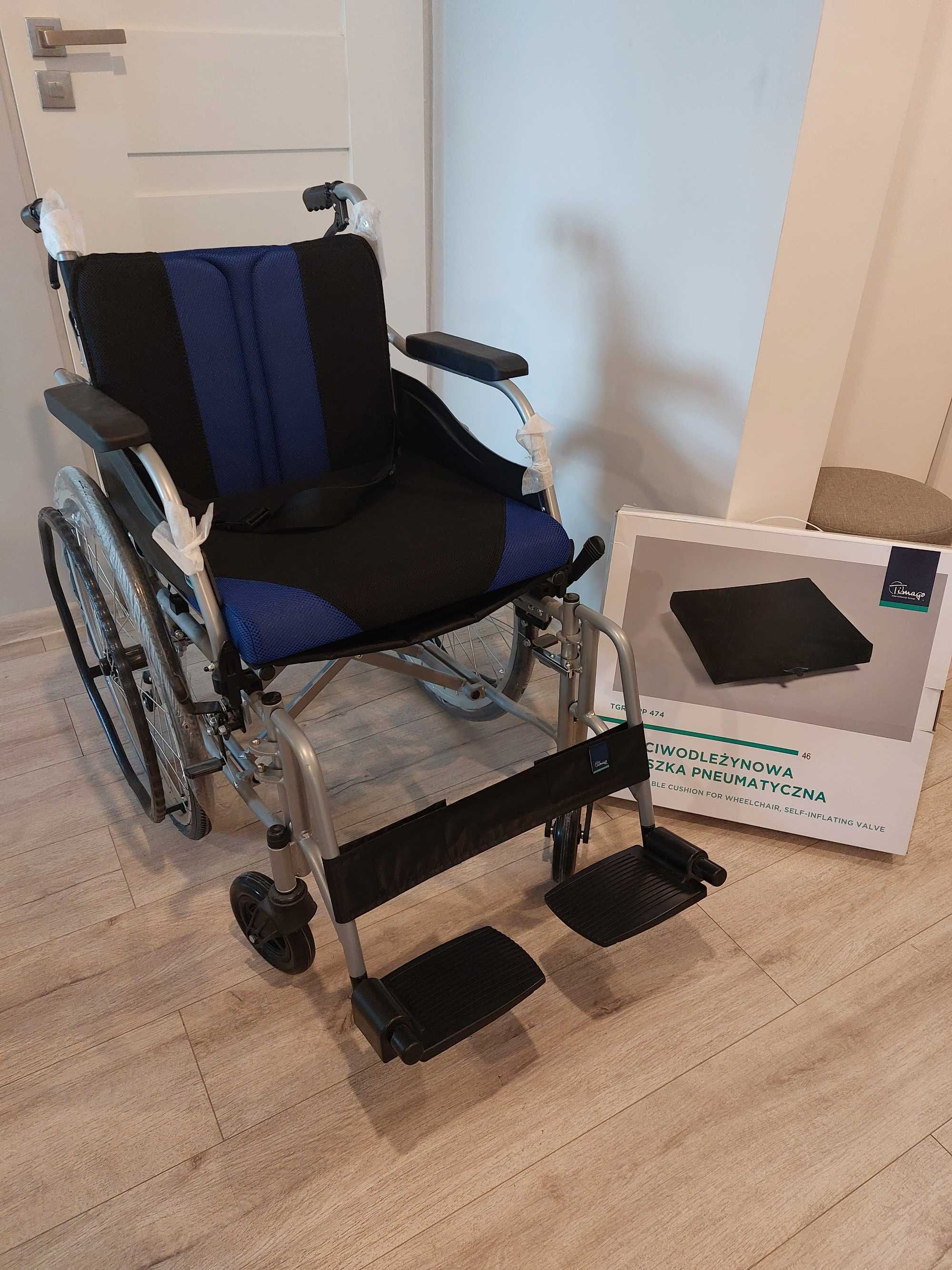 Nowy wózek inwalidzki aluminiowy Timago i poduszka przeciwodleżynowa