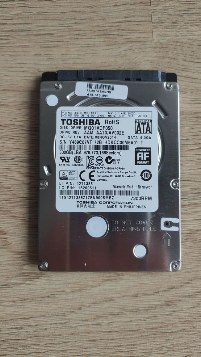 Disco HDD 2.5" de 500GB SATA Toshiba usado