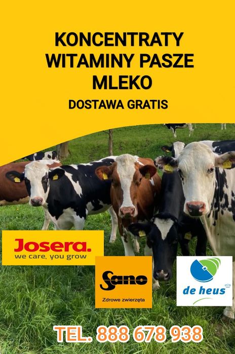 Koncentraty, witaminy, pasze i mleko dla cieląt.
