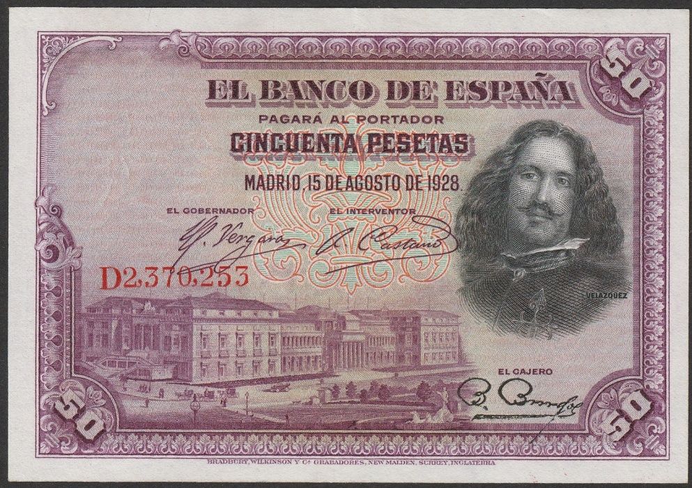 Hiszpania 50 peset 1928 - Diego Velazquez - stan bankowy UNC