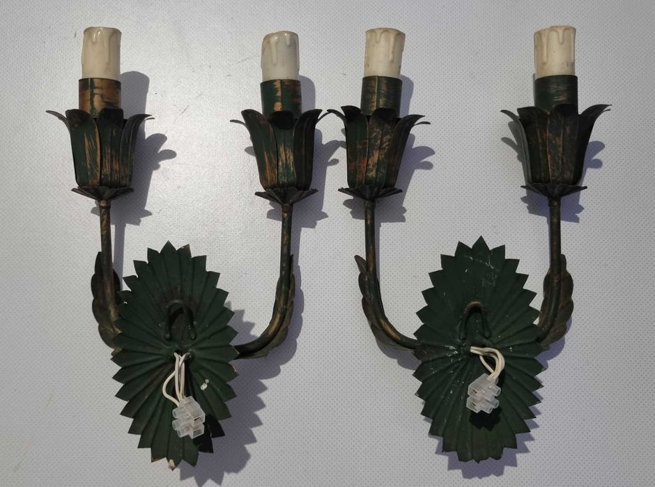 Par de Apliques / Candeeiros duplos, tema floral, artesanato anos 50