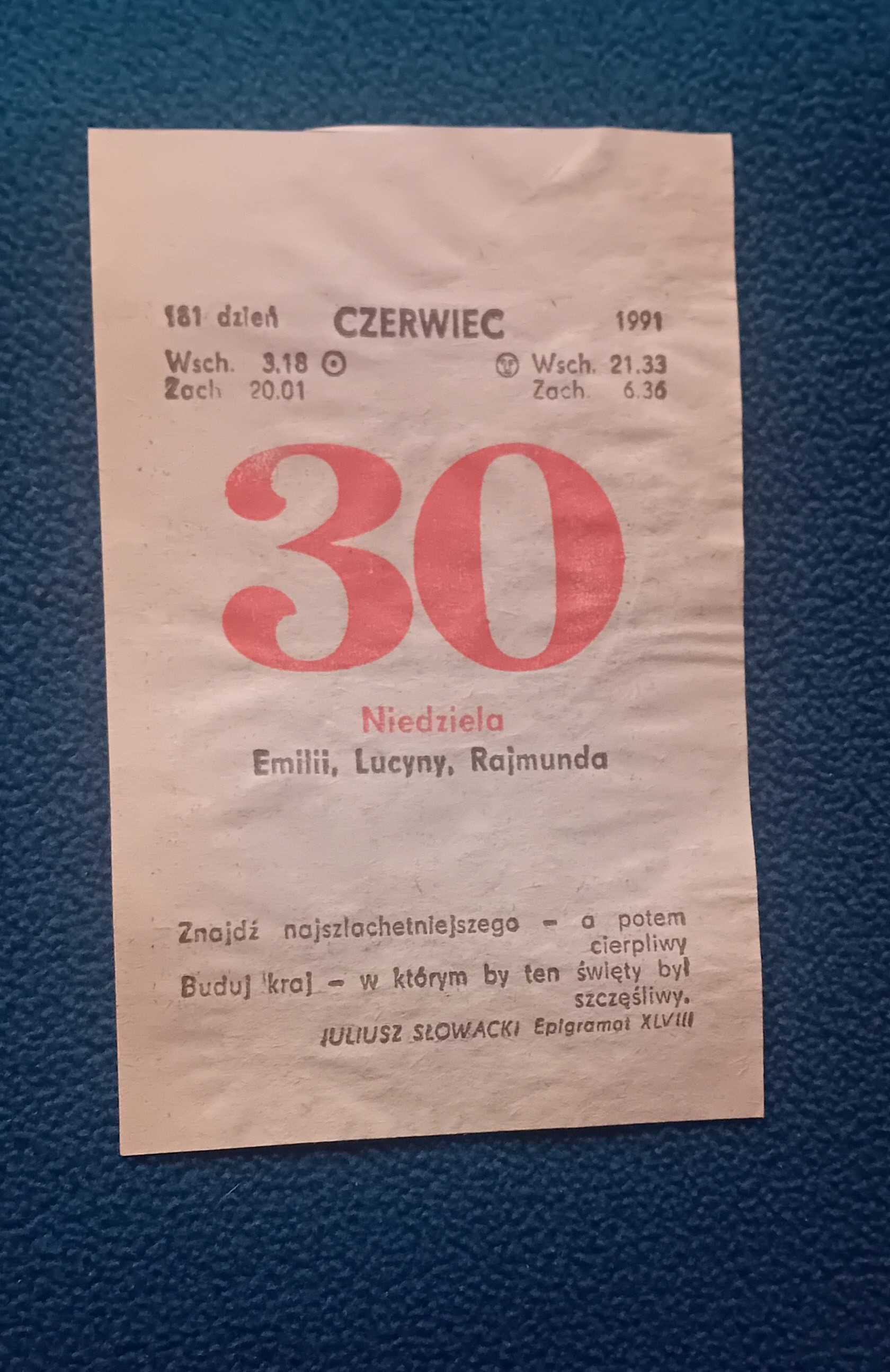 Kartka z kalendarza ściennego - zdzieraka, 30 czerwca 1991 r.
