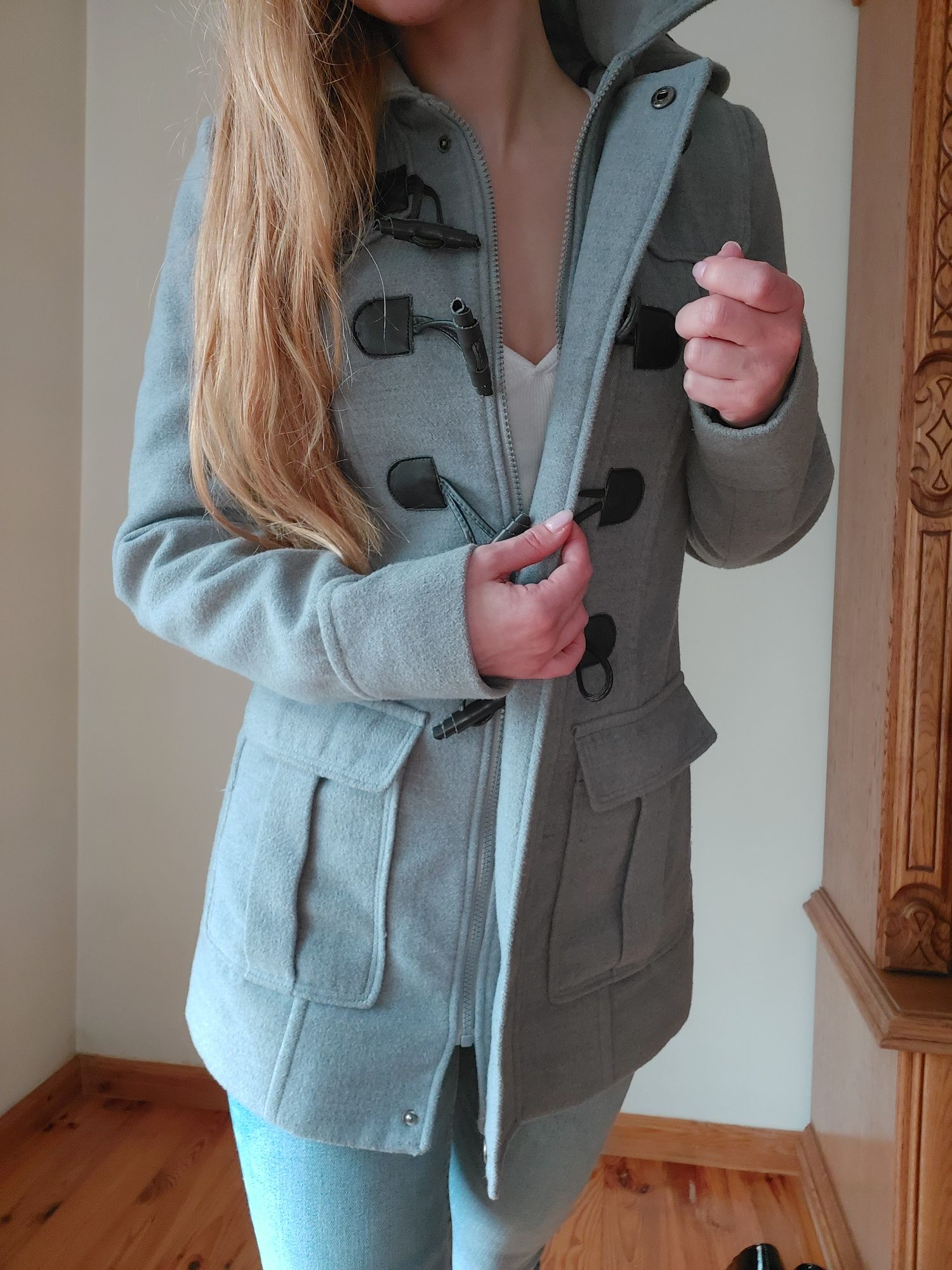 Płaszcz płaszczyk z kapturem jesienny zimowy szary na zamek S 36 XS 34
