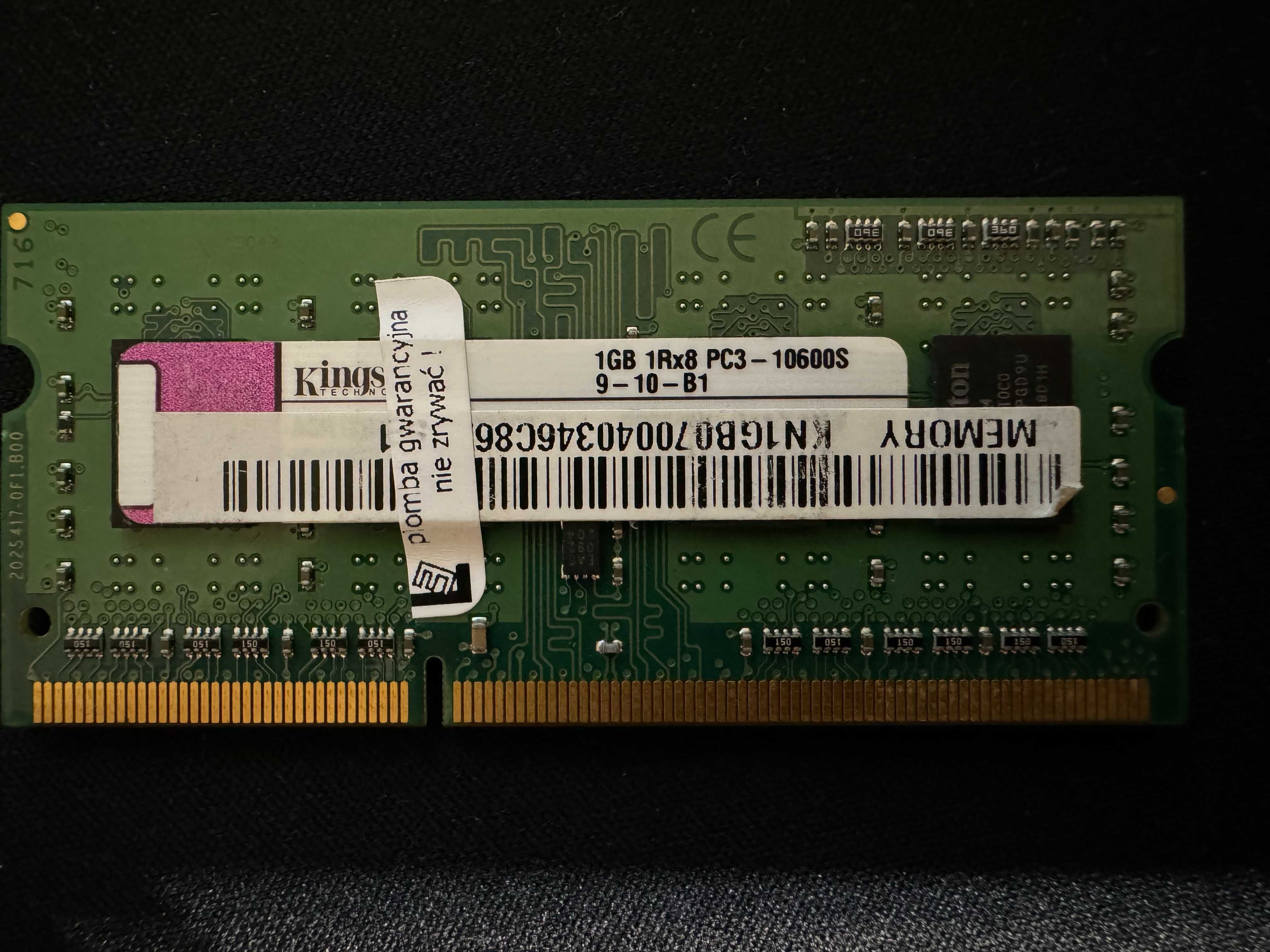 Pamięć 1GB SoDimm DDR3 Kingston 10600S