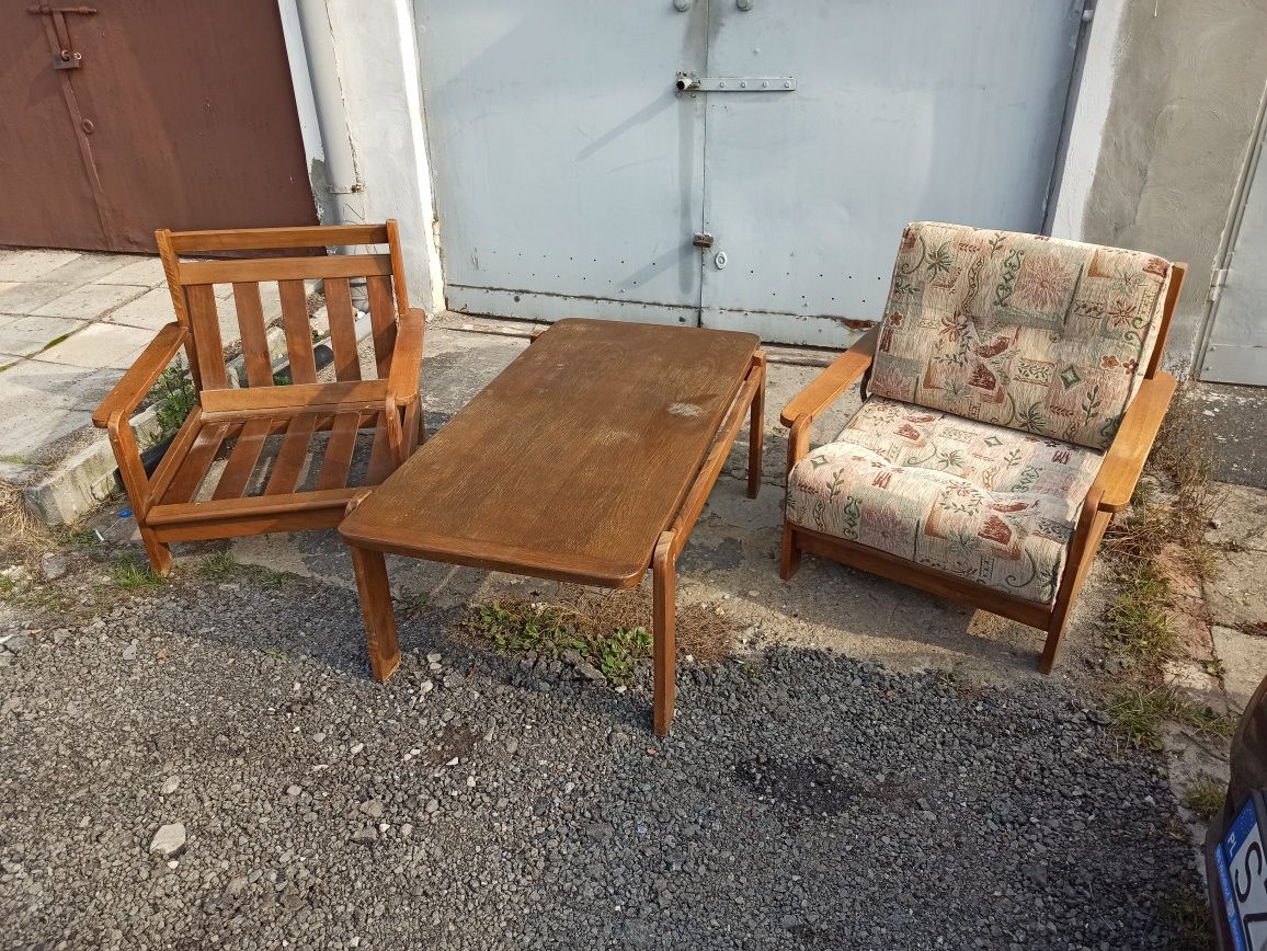 2 Fotele plus stolik drewniane Swarzędz Sjesta PRL lata 70