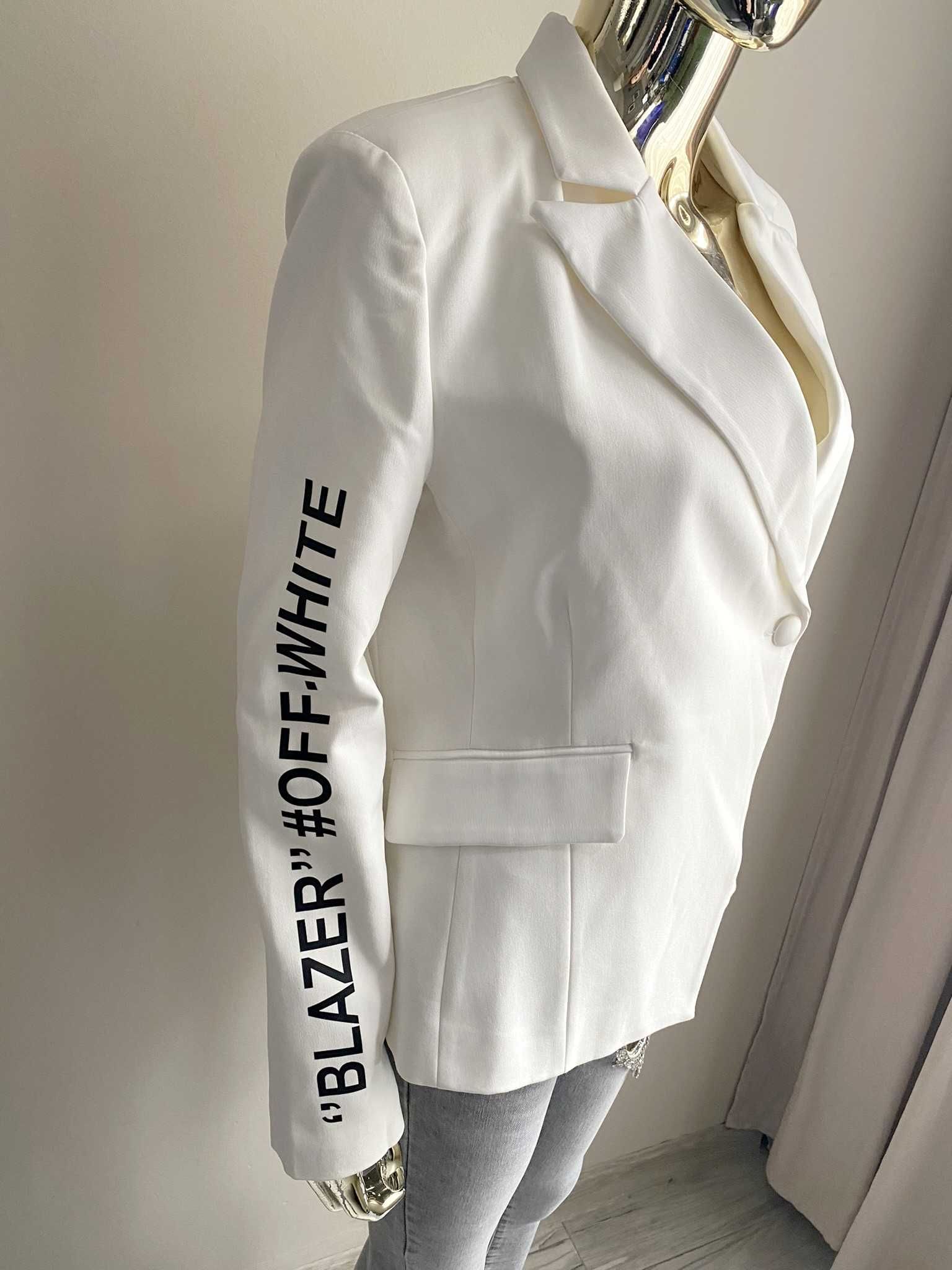 OFF- WHITE nowa biała taliowana marynarka ozdobny zip logo M