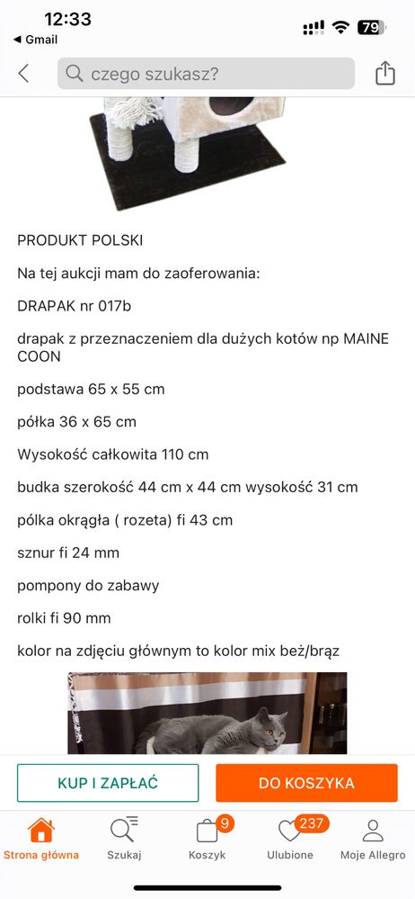 Drapak dla kota jak nowy szary bardzo duzy