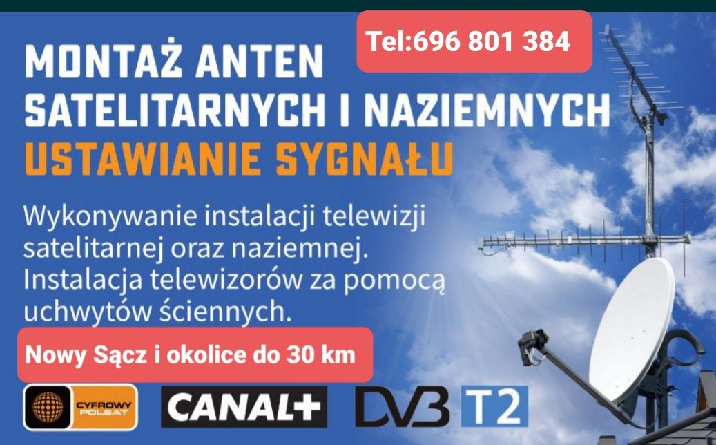 Montaż,naprawa anteny:DVB-T2 SATNowy,Stary Sącz,ŁabowaTęgoborze Grybów