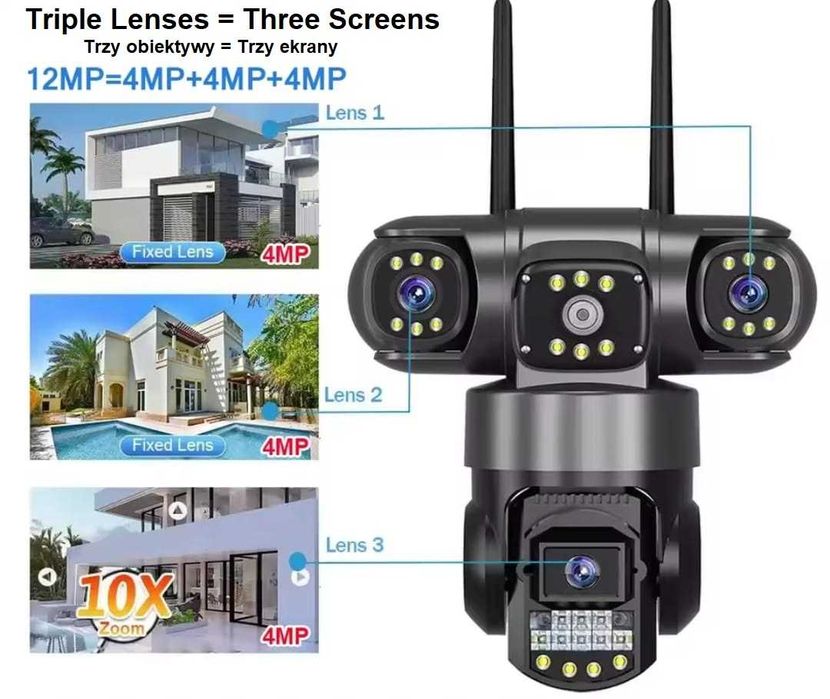 Inteligentna Kamera sieciowa WiFi  potrójna 4K 3x4MP + Karta SD 64GB!
