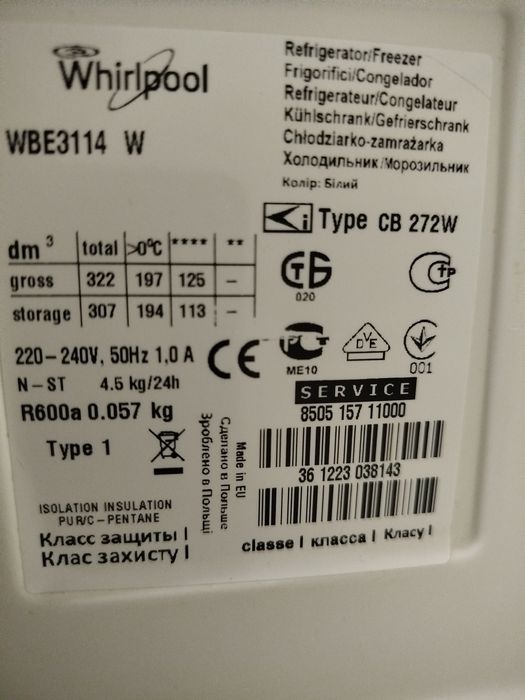 Холодильник двокамерний Whirlpool  WBE3114.  W