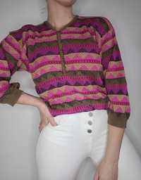 Kolorowy ażurowy sweter oversize malina Wang unikat vintage
