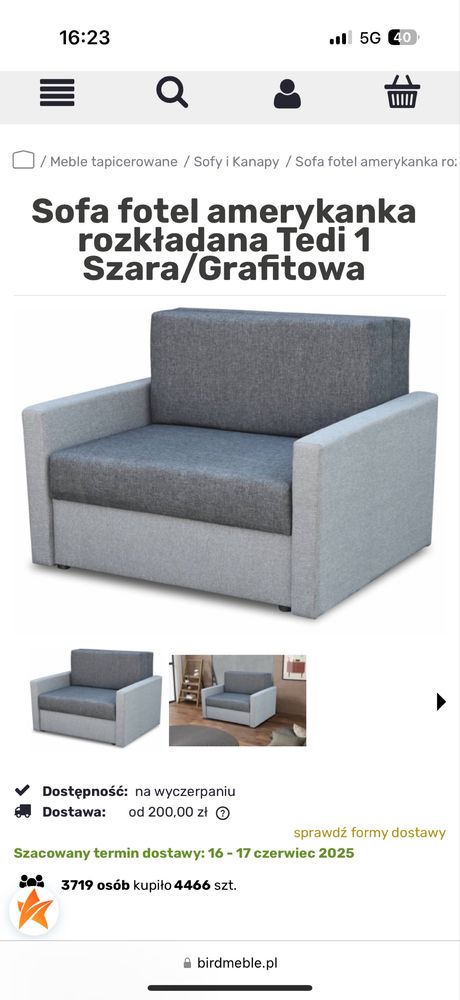 Sofa fotel amerykanka rozkładana Tedi 1 Szara/Grafitowa
