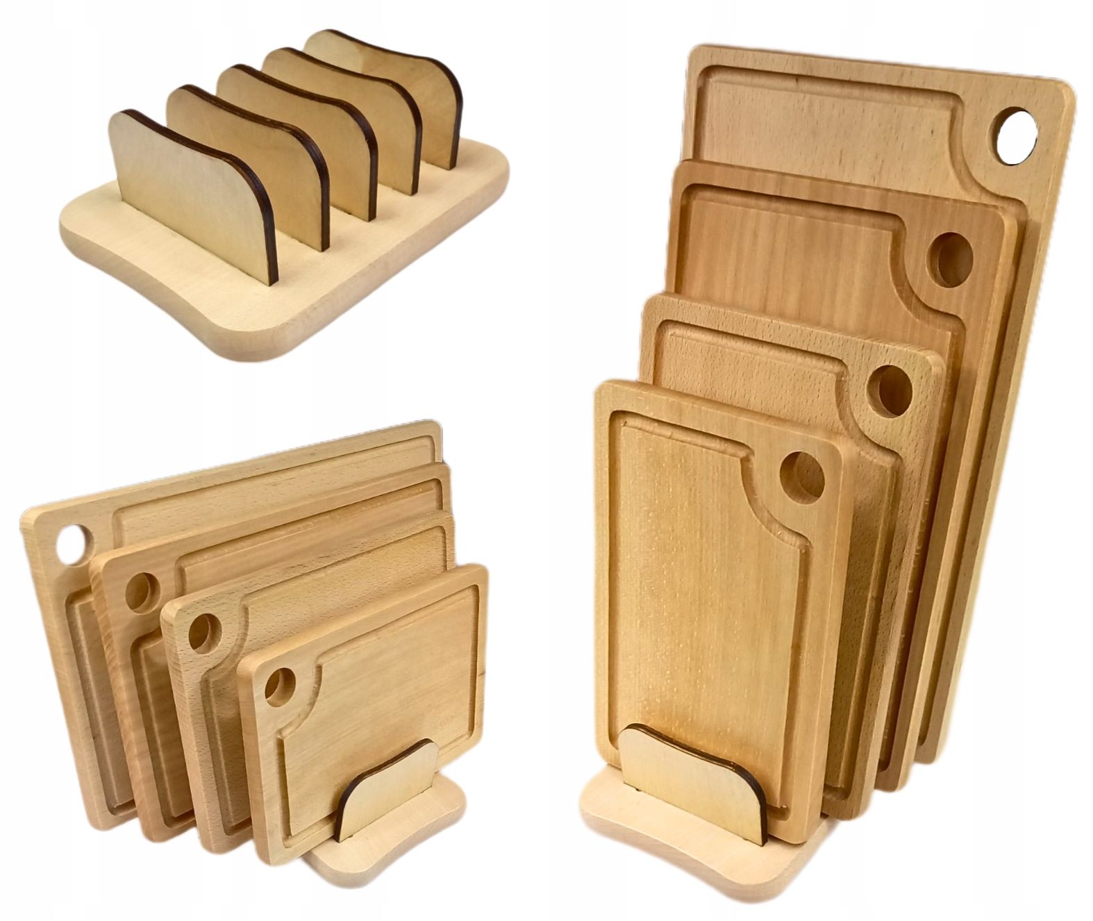 Zestaw 4 desek prostokątnych z rowkiem + drewniany stojak