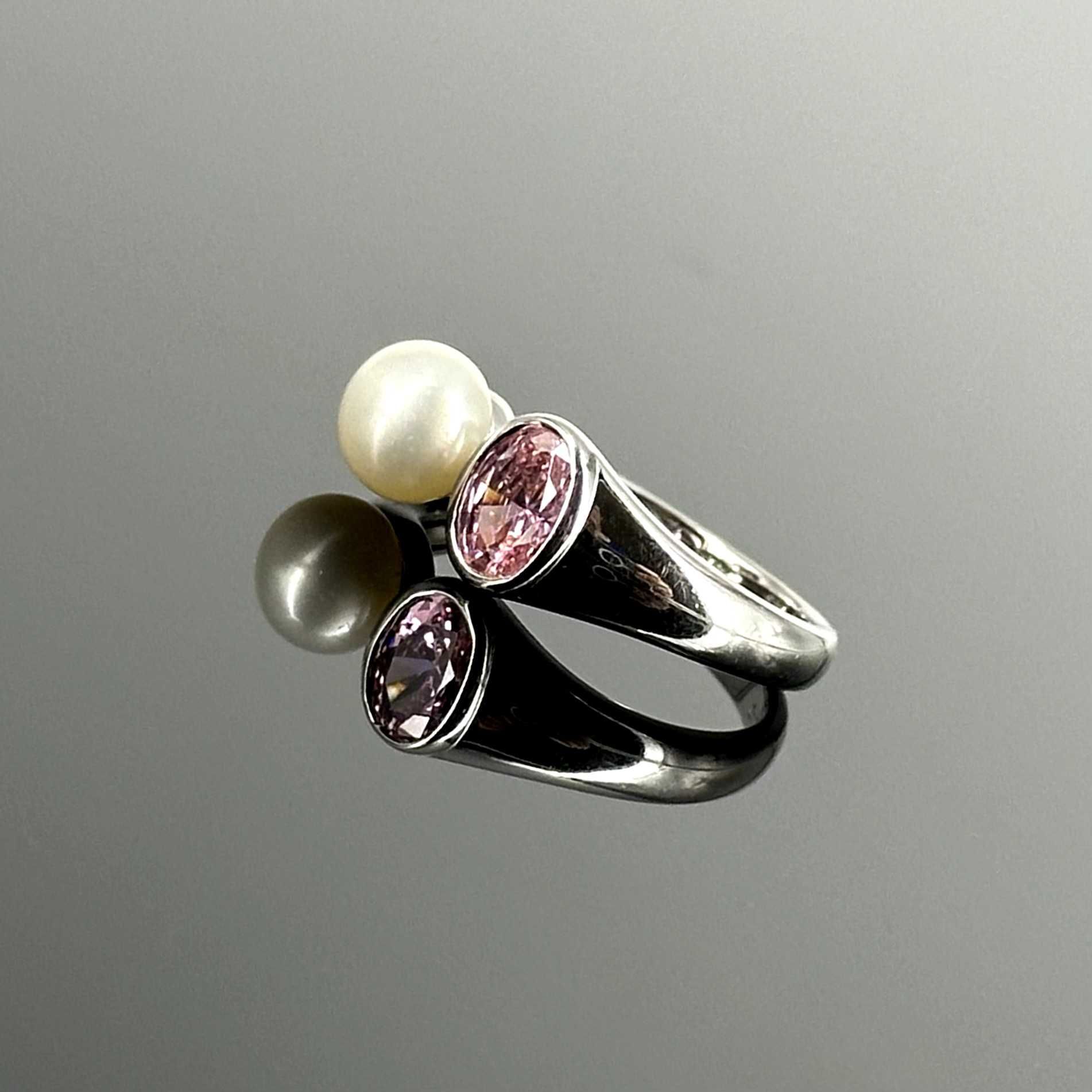 Srebro - Srebrny pierścionek z Perłą i Różowym Turmalinem - próba 925