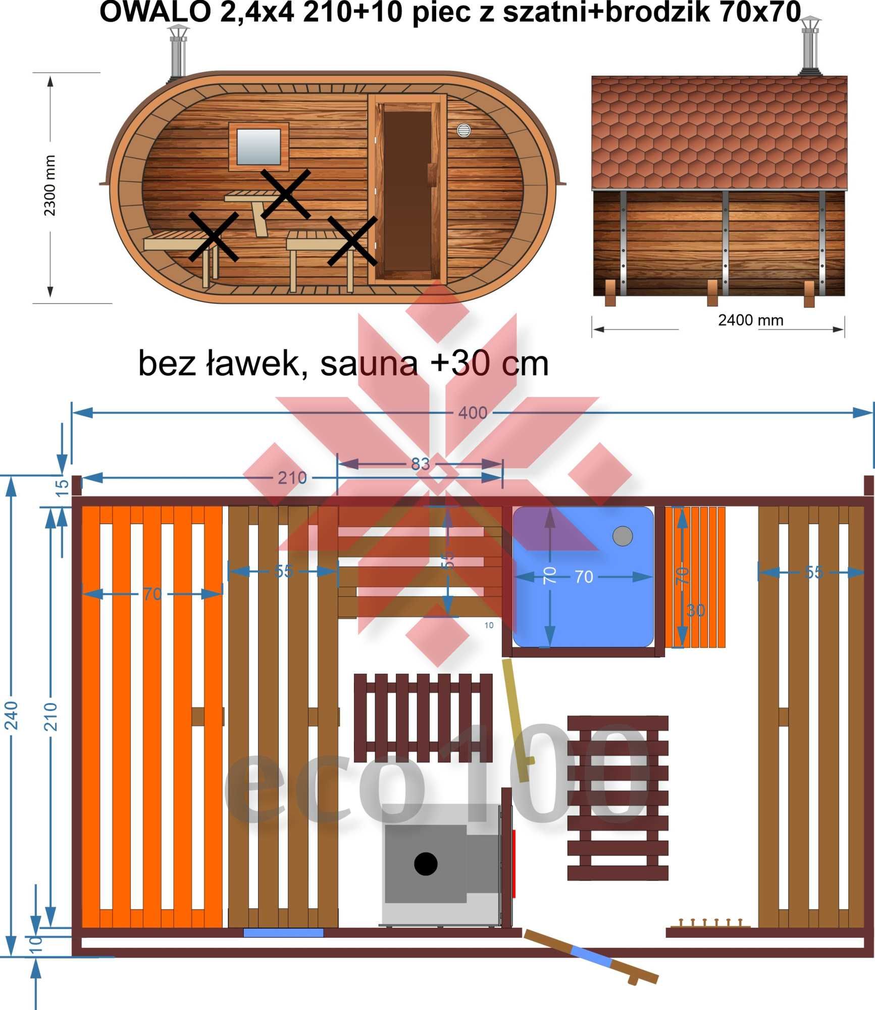 Sauna-beczka ogrodowa sauna Owalna 4m z bocznym wejściem i prysznicem