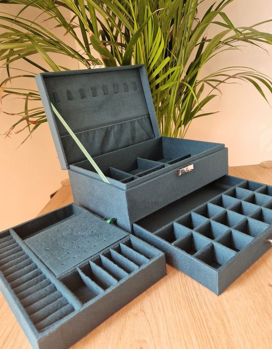 Szmaragdowy luksusowy kuferek na biżuterię duży XXL 3 poziomy nowy