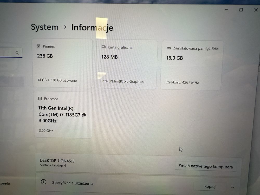 Bardzo Ladny Microsoft Surface Laptop 4 I7 11 gen 16GB 250GB