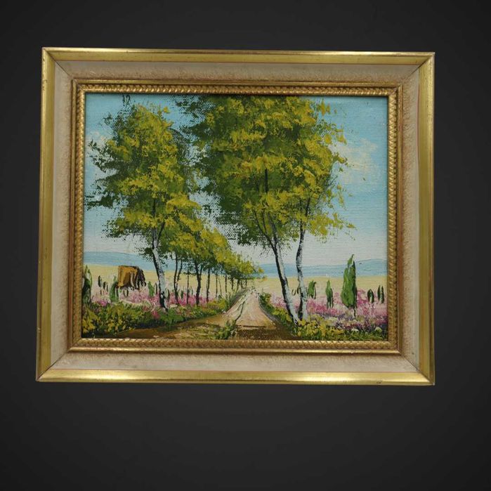 Obraz olejny pejzaż z drogą i drzewami rama złocona vintage b51/072061