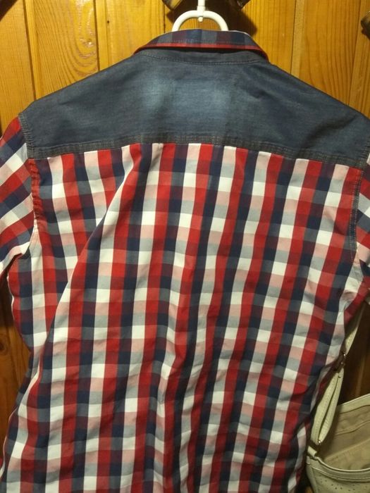 Koszula chłopięca/męska, M/40, jeans, krata, skóra