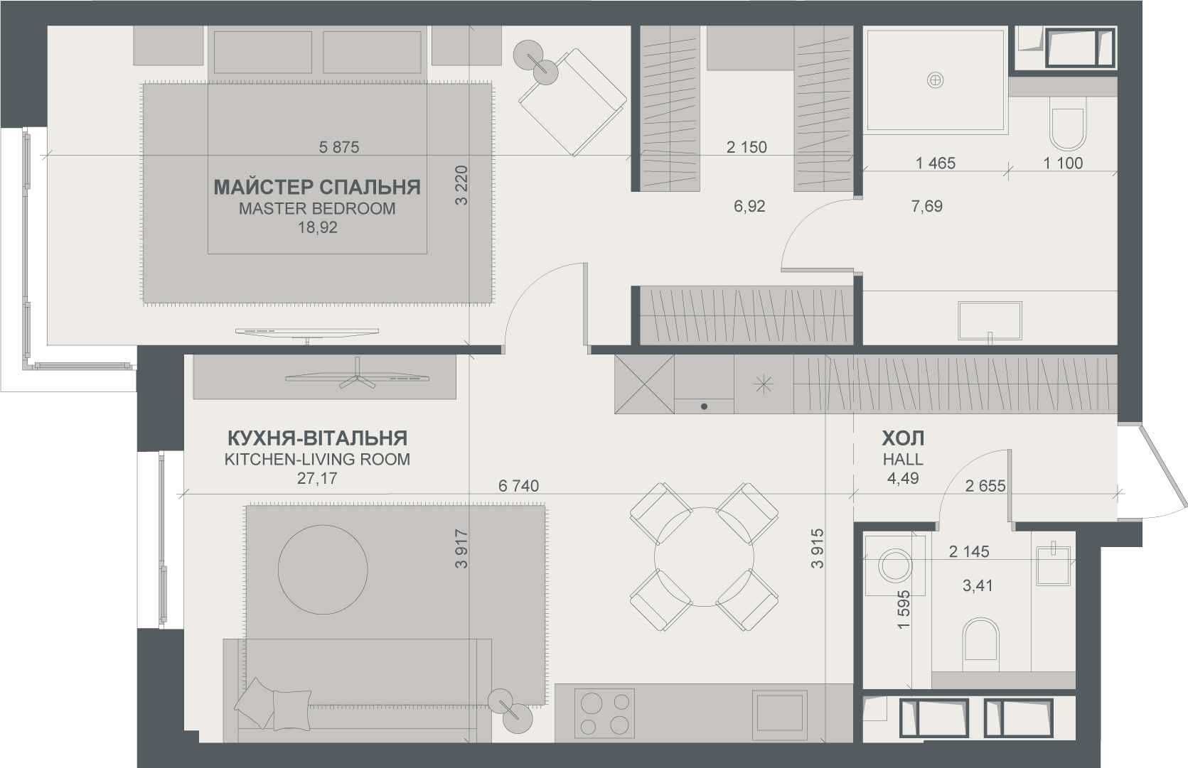1  кімн. 68м2, 6 поверх, вул. Тютюника 43 ЖК TRIIINITY,