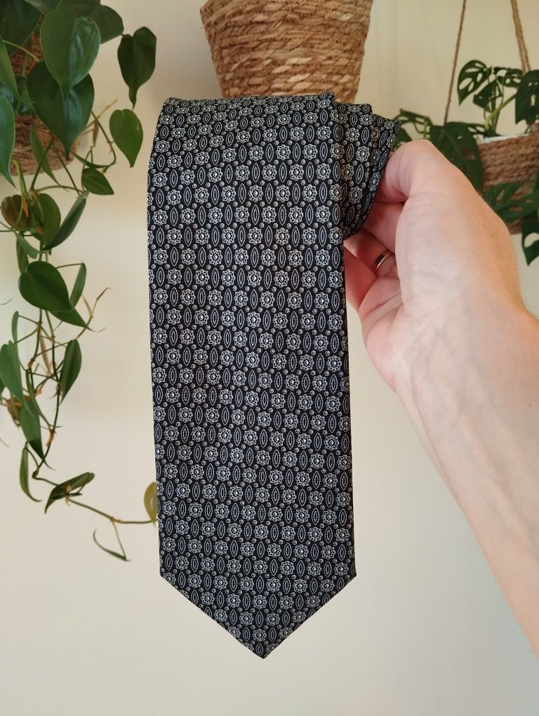 Męski jedwabny krawat 100% silk we wzorki, czarny, szary, 9,5 cm, Cand