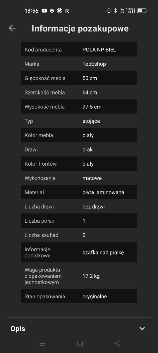 Szafka / półka / blat / słupek na pralkę 60cm.