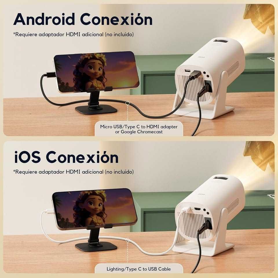 Projetor Portátil 1080P, Rotativo Compatível TV Stick/iOS/Android/USB