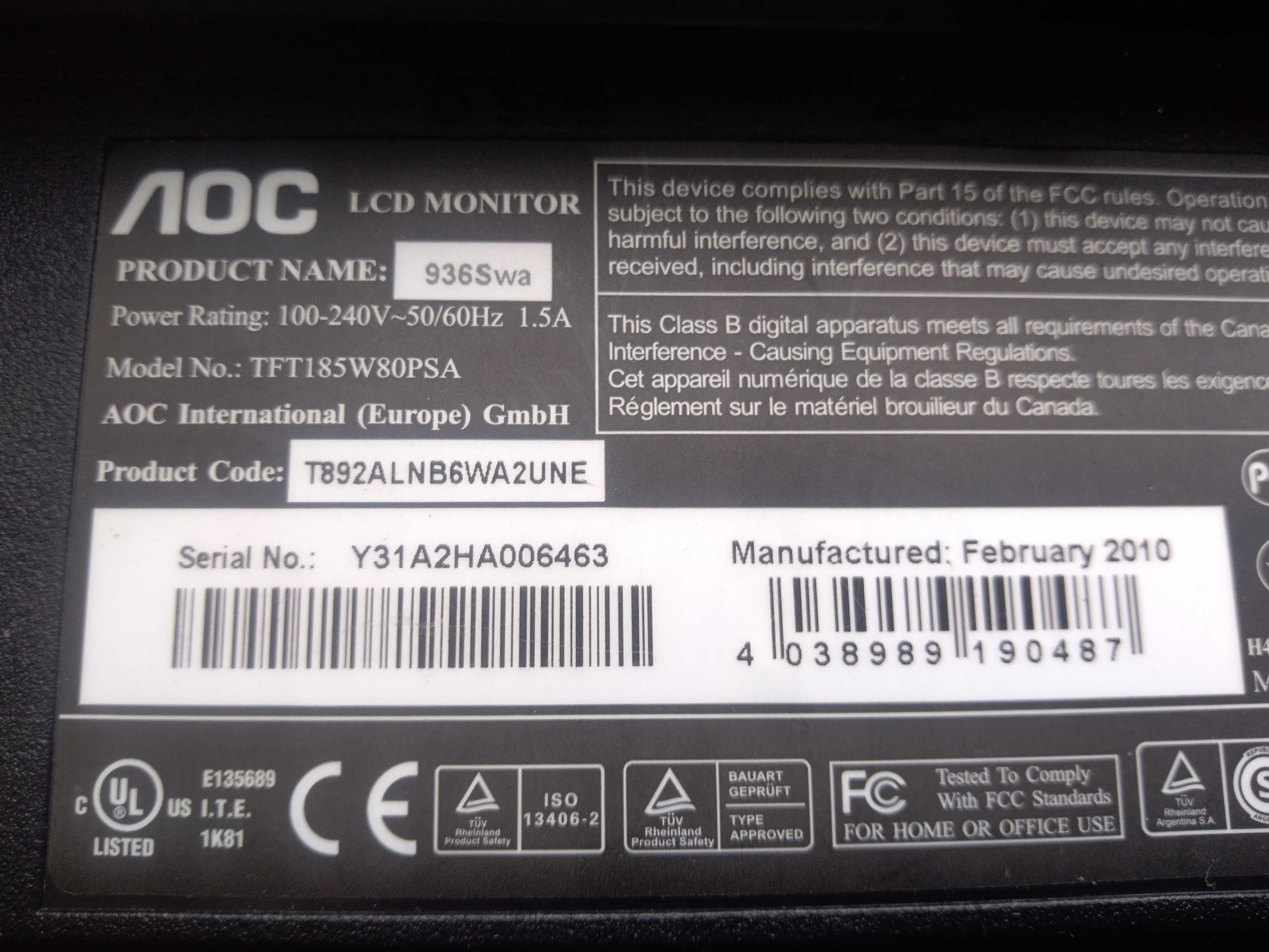 Монитор AOC 936Swa (стереоколонки 2x1 Вт)