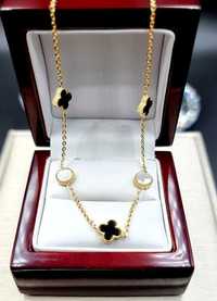 585 Piękny złoty naszyjnik wzór kwiaty Van Cleef czarne i perłowe