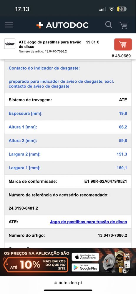 ATE Ceramic 13.047 Jogo de pastilhas para travão de disco - Novo