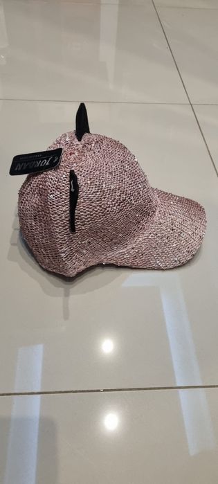 Nowa! Śliczna kociąt czapka z daszkiem cyrkonią pudrowy roż