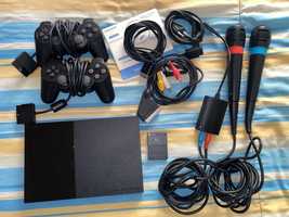 PS2 Slim com Caixa + 2 Comandos + Microfones + Cartão  Memória + cabos